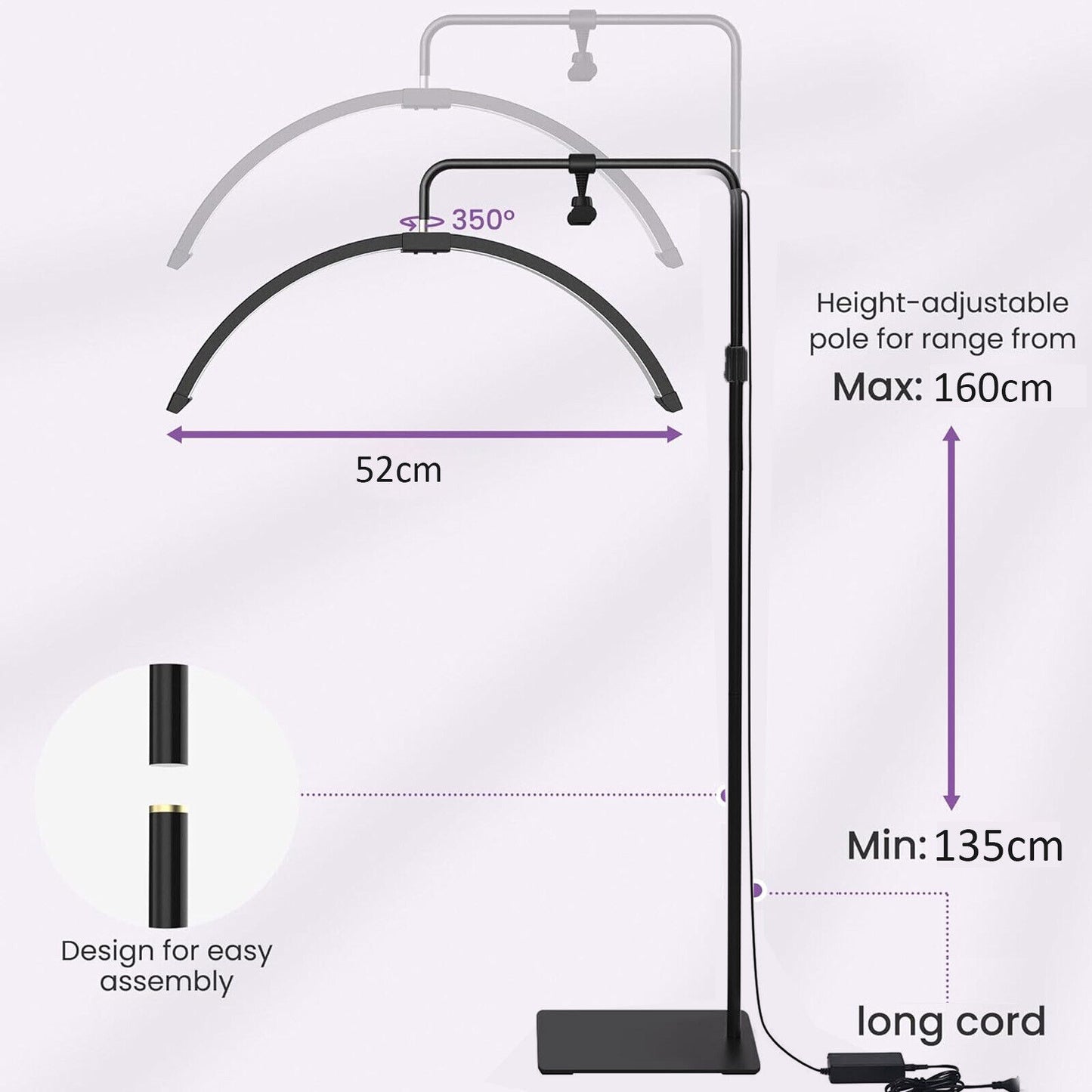 Adjustable LED Beauty Moon/Eyelash Light for Salons: Multi-Purpose, High-CRI, Rotatable Light with Adjustable Settings