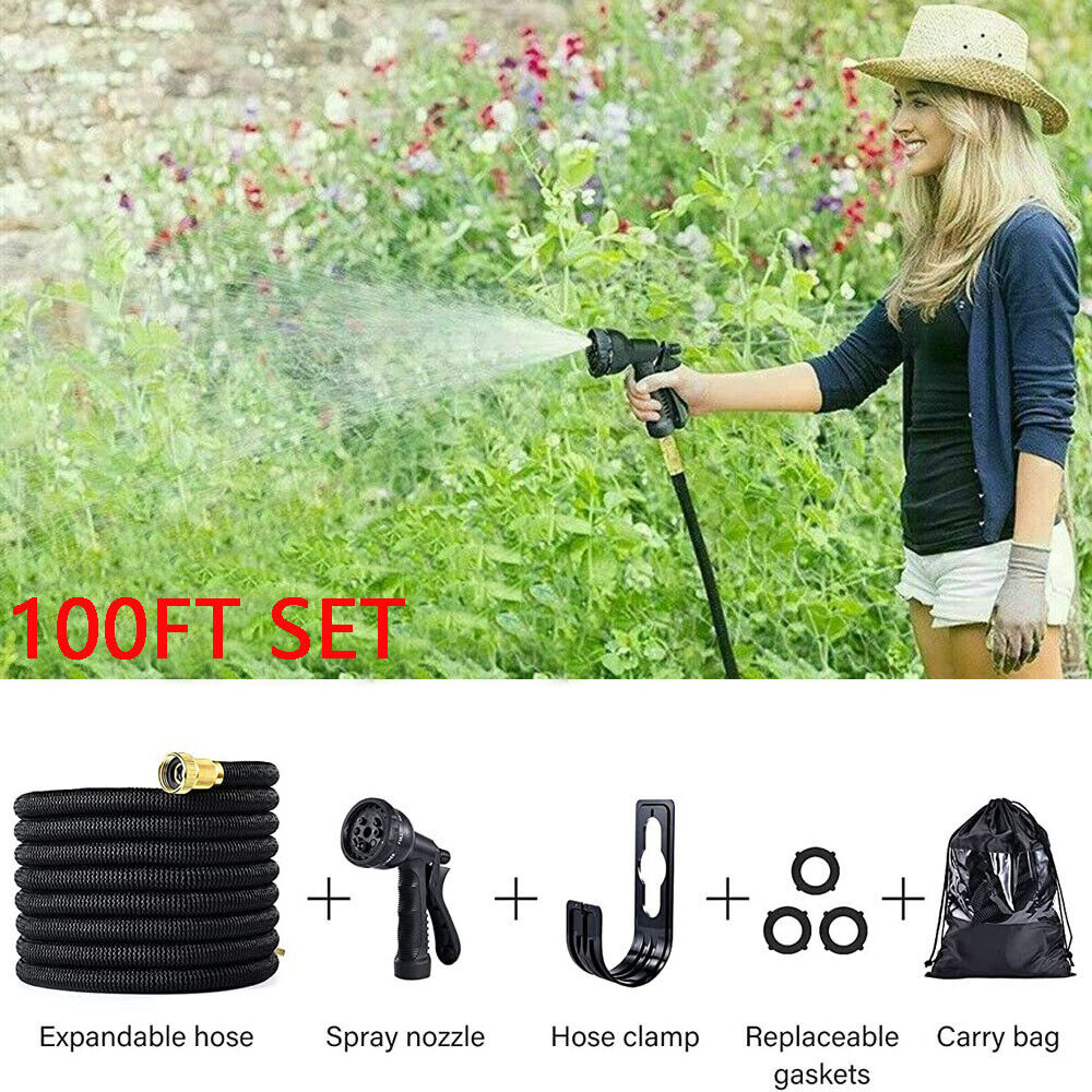 100FT Expandable Garden Hose with 8-Function Spray Nozzle and Durable Accessories - Flexible Water Hose for Gardening, Cleaning, and Outdoor Use
