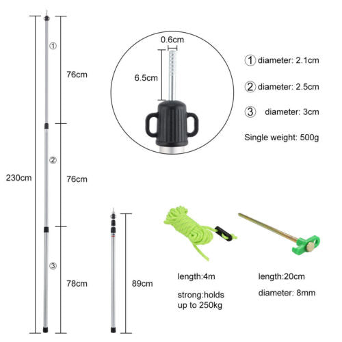 2PCS Adjustable 90-230cm Aluminum Alloy Tarp Poles - Durable, Telescopic Support Rods for Tarps and Shelters with Reflective Guylines
