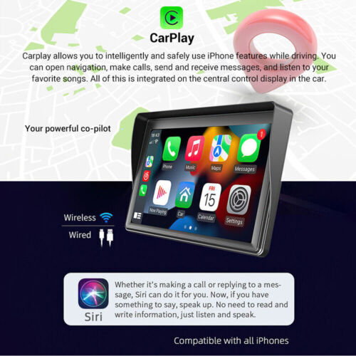 Portable 7'' Wireless Apple CarPlay Android Auto Touch Screen Car Radio Stereo