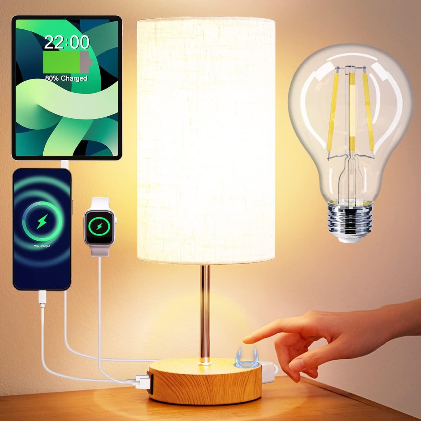 Bedside Lamp with Touch Control & USB Charging – 3-Way Dimmable, Linen Shade – Dual USB Ports – Stylish Desk Light – AU Plug