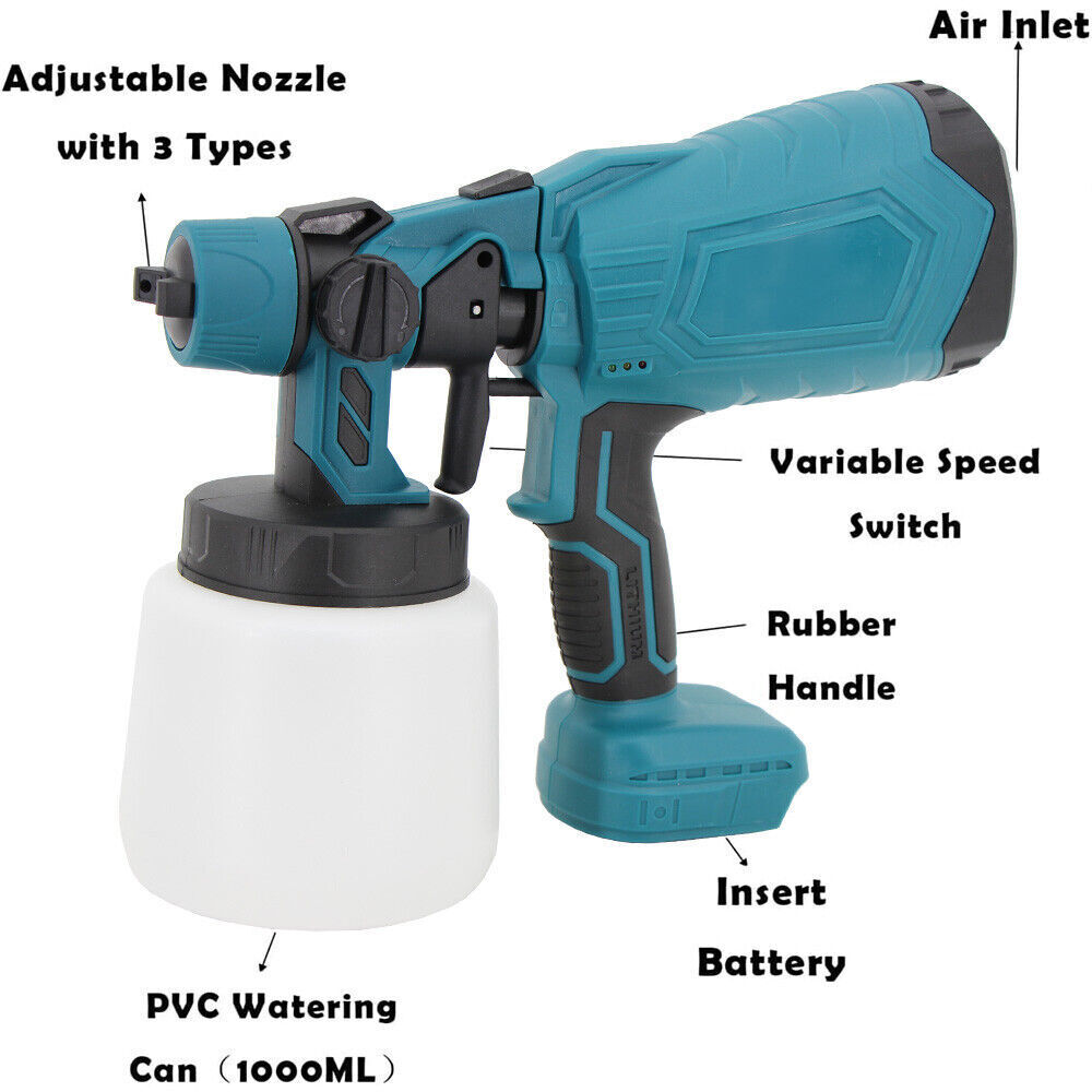 Cordless High Pressure Spray Gun Airless Paint Sprayer with 2 Battery 1000ML