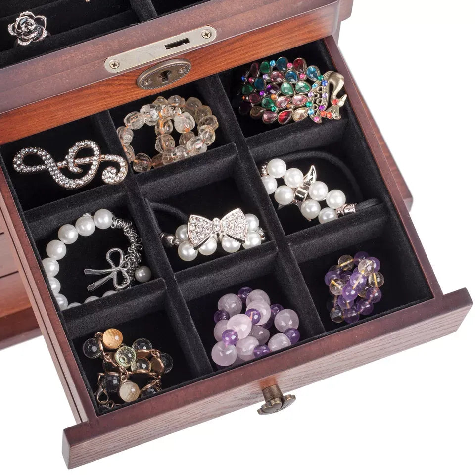 Vintage Wooden Jewellery Organiser with Mirror - Velvet Lined Storage Case for Rings, Necklaces & Eartings