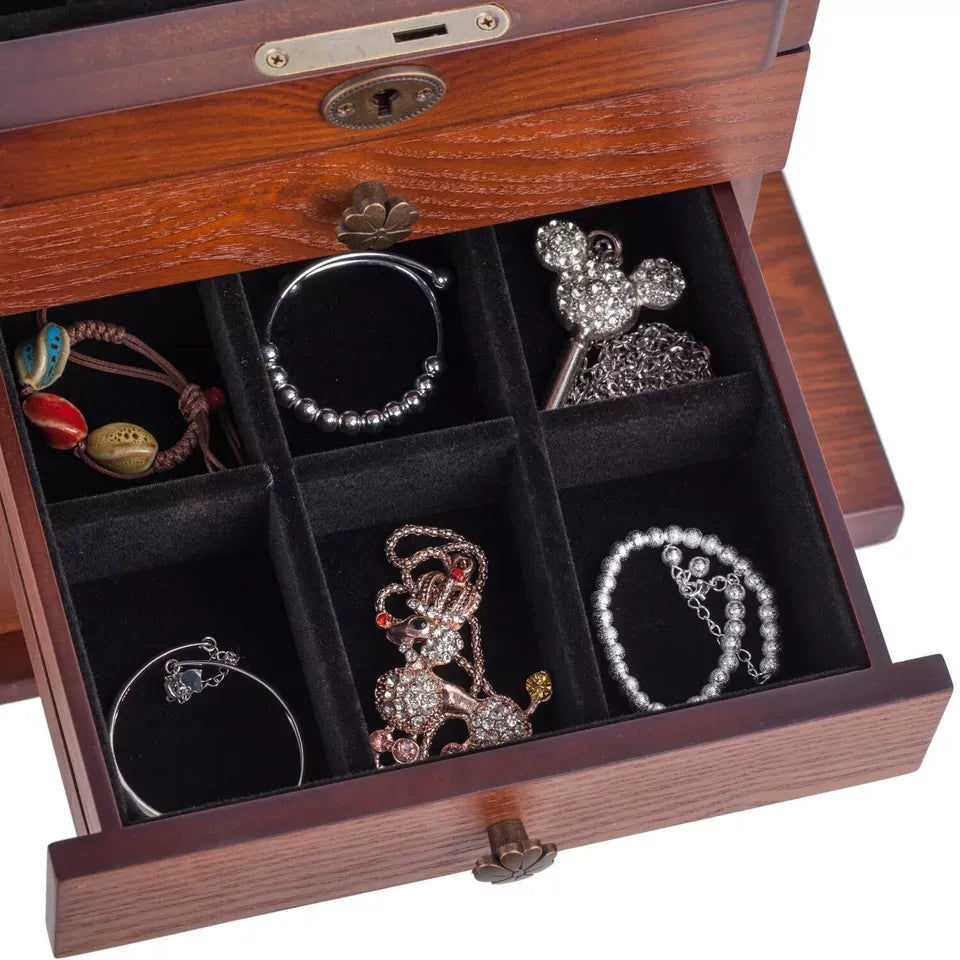 Vintage Wooden Jewellery Organiser with Mirror - Velvet Lined Storage Case for Rings, Necklaces & Eartings