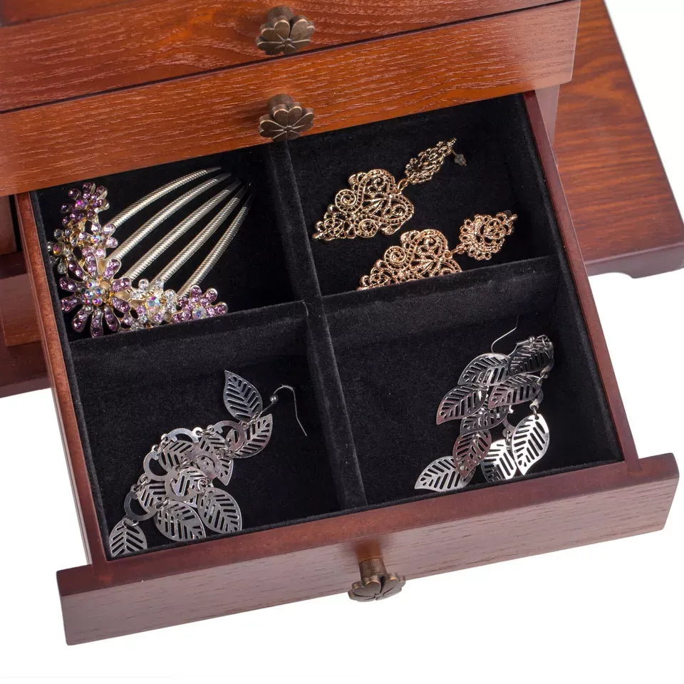Vintage Wooden Jewellery Organiser with Mirror - Velvet Lined Storage Case for Rings, Necklaces & Eartings