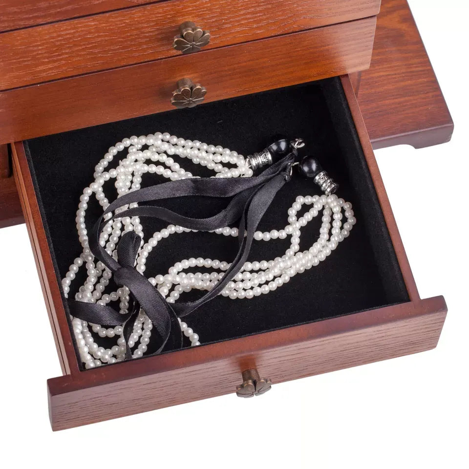 Vintage Wooden Jewellery Organiser with Mirror - Velvet Lined Storage Case for Rings, Necklaces & Eartings