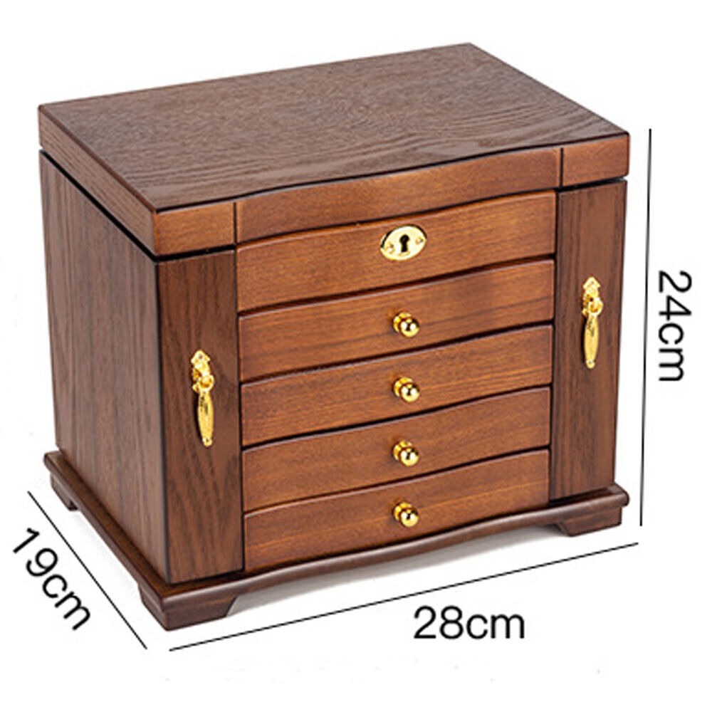 Vintage Wooden Jewellery Organiser with Mirror - Velvet Lined Storage Case for Rings, Necklaces & Eartings