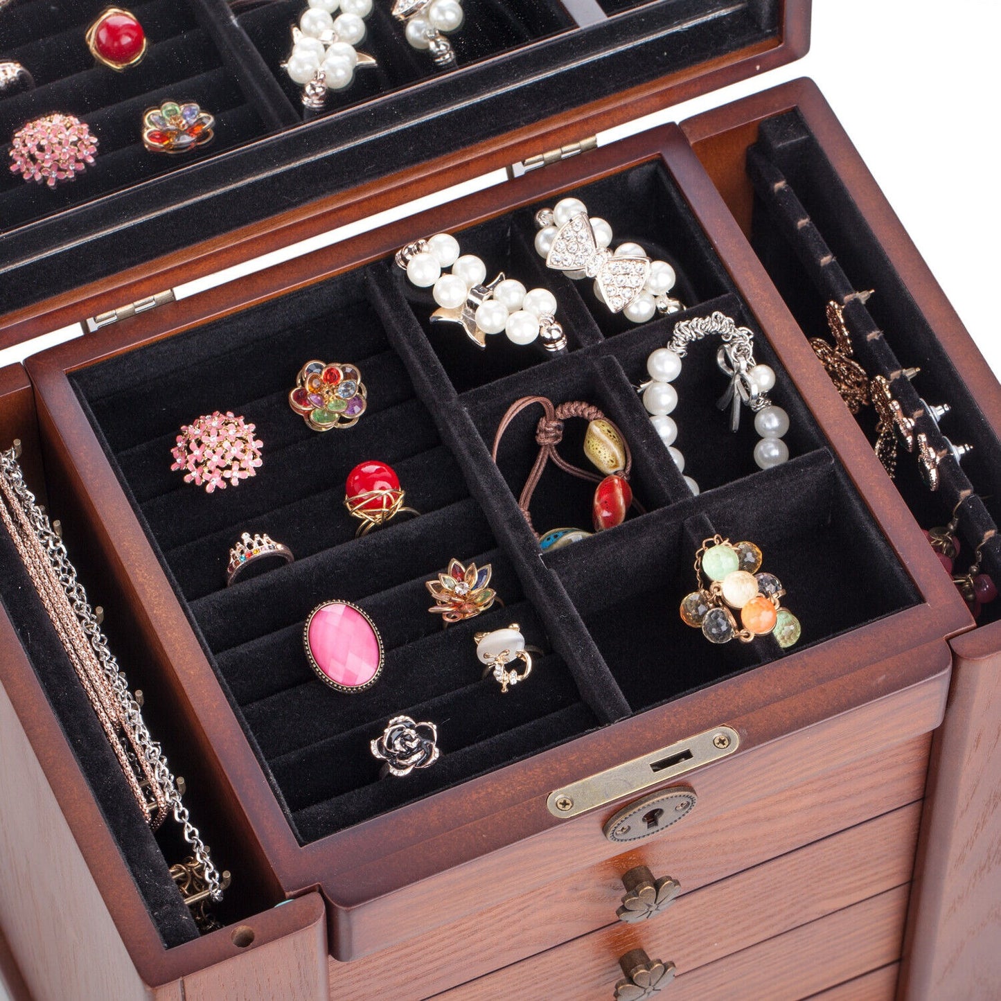 Vintage Wooden Jewellery Organiser with Mirror - Velvet Lined Storage Case for Rings, Necklaces & Eartings
