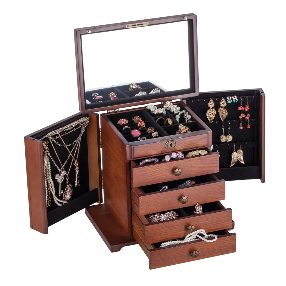 Vintage Wooden Jewellery Organiser with Mirror - Velvet Lined Storage Case for Rings, Necklaces & Eartings