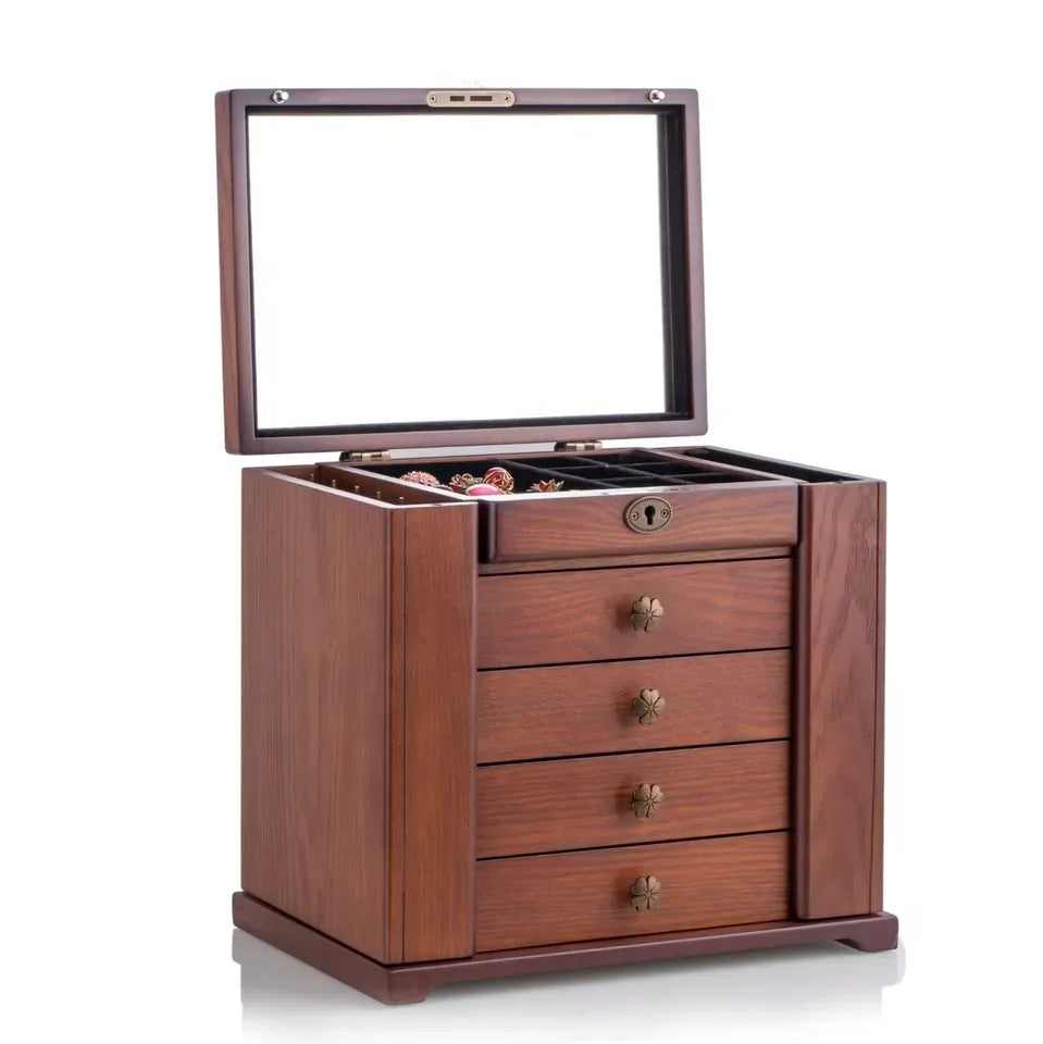 Vintage Wooden Jewellery Organiser with Mirror - Velvet Lined Storage Case for Rings, Necklaces & Eartings