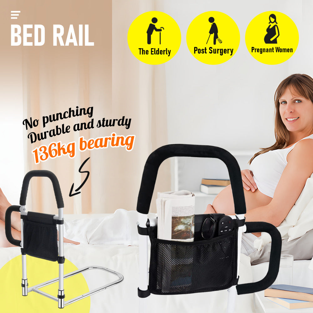Adjustable Bed Assist Rail with Light and Storage Pocket -Designed for Elderly