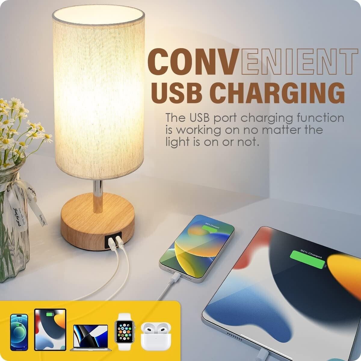 Bedside Lamp with Touch Control & USB Charging – 3-Way Dimmable, Linen Shade – Dual USB Ports – Stylish Desk Light – AU Plug