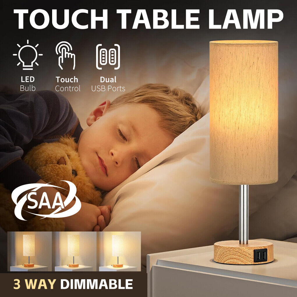 Bedside Lamp with Touch Control & USB Charging – 3-Way Dimmable, Linen Shade – Dual USB Ports – Stylish Desk Light – AU Plug