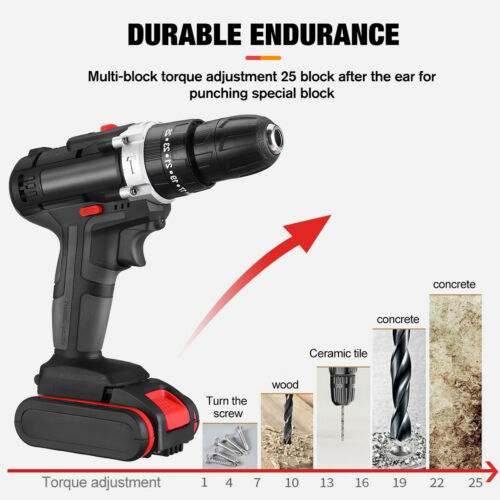 48V Cordless Drill+ 2 Battery Heavy Duty Impact Driver Brushless Hammer Kit