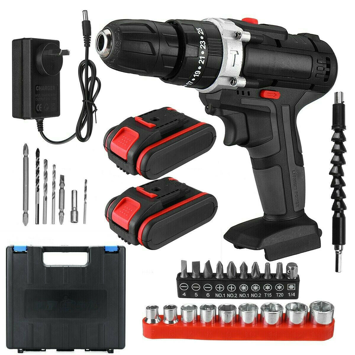 48V Cordless Drill+ 2 Battery Heavy Duty Impact Driver Brushless Hammer Kit