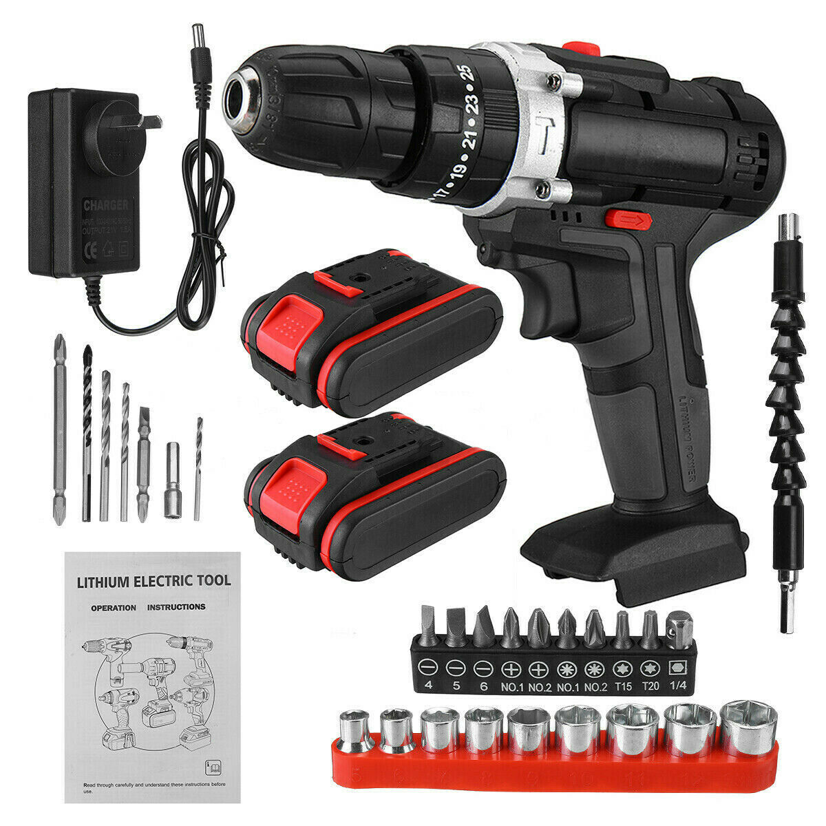 48V Cordless Drill+ 2 Battery Heavy Duty Impact Driver Brushless Hammer Kit