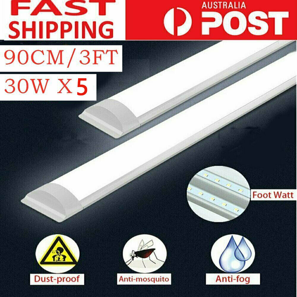 5× 90CM LED Slim Ceiling Batten Tube Light 30W Fluorescent Bar Lamp Cool White