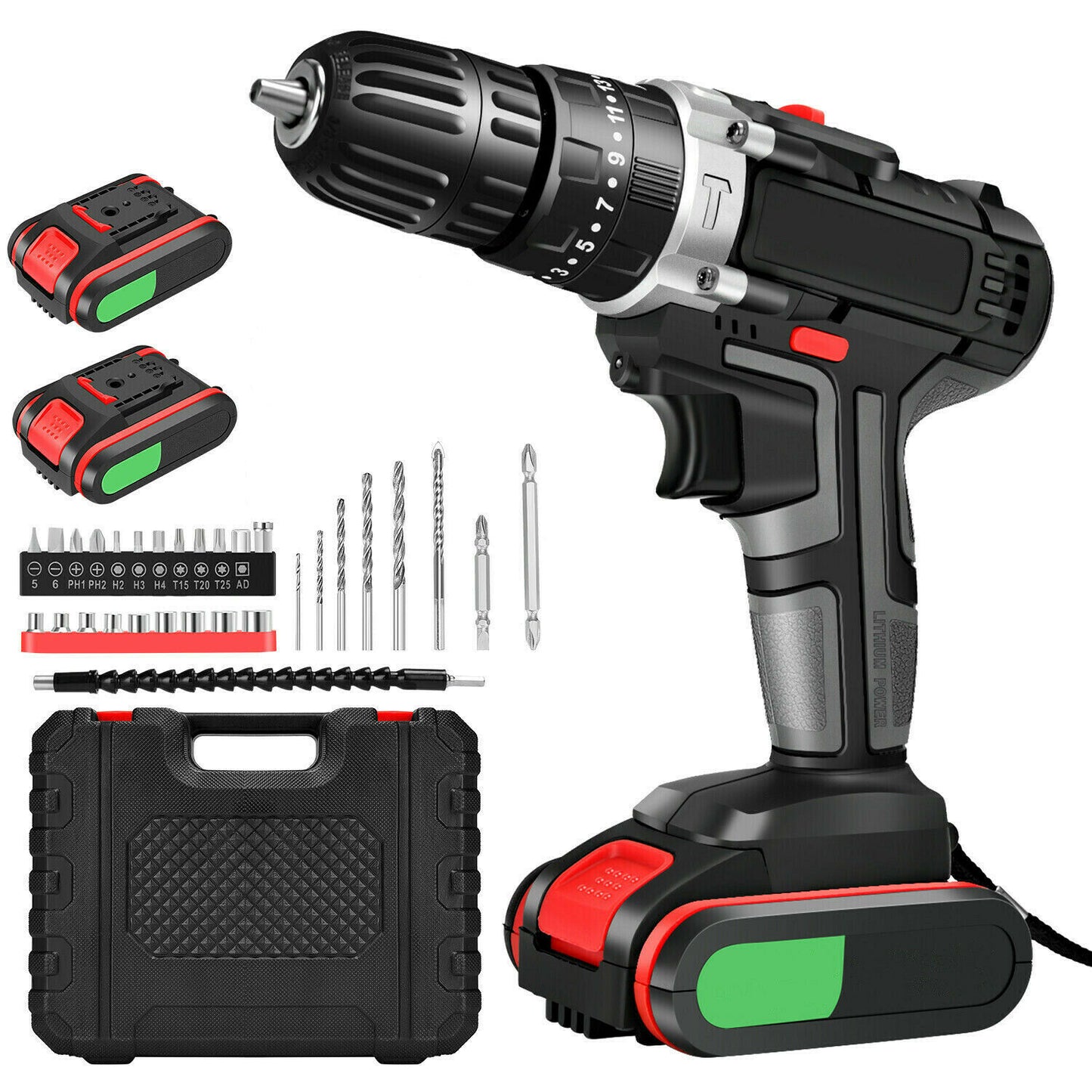 48V Cordless Drill+ 2 Battery Heavy Duty Impact Driver Brushless Hammer Kit