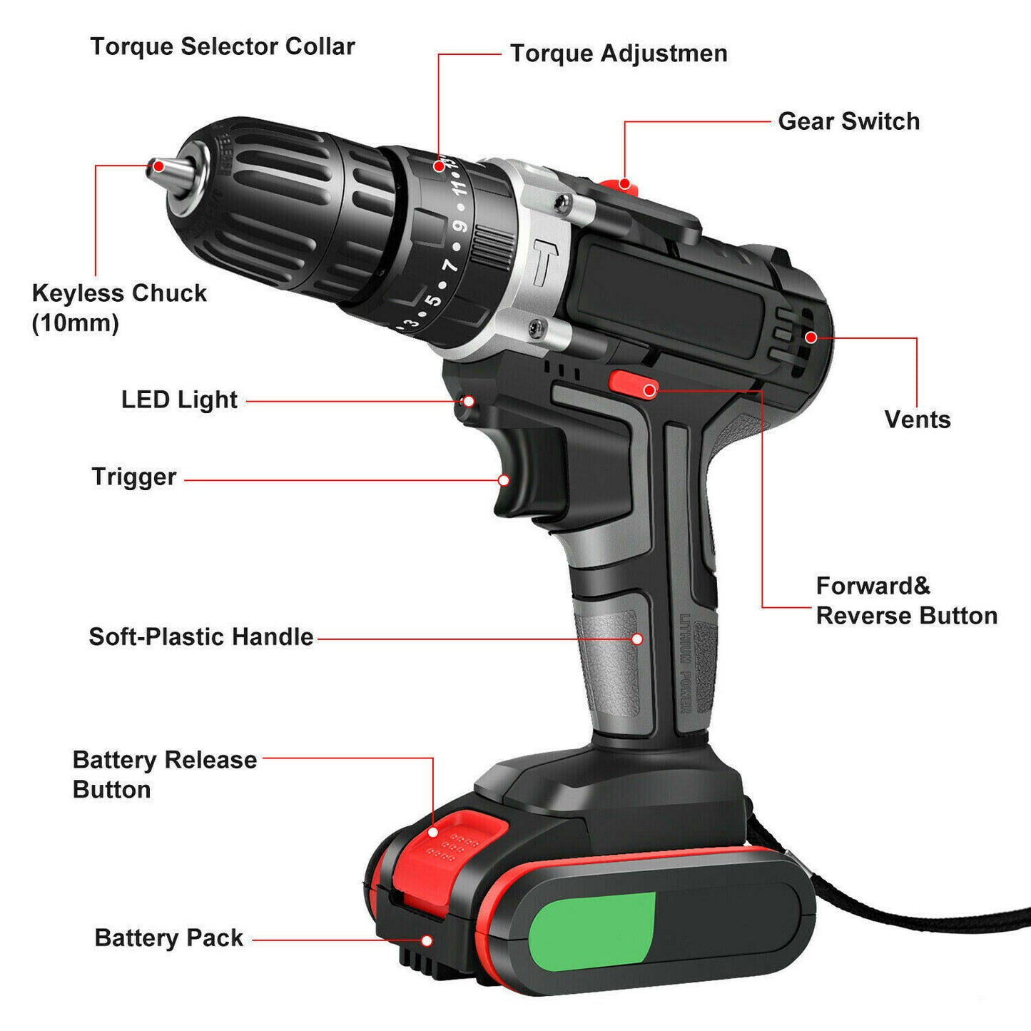 48V Cordless Drill+ 2 Battery Heavy Duty Impact Driver Brushless Hammer Kit
