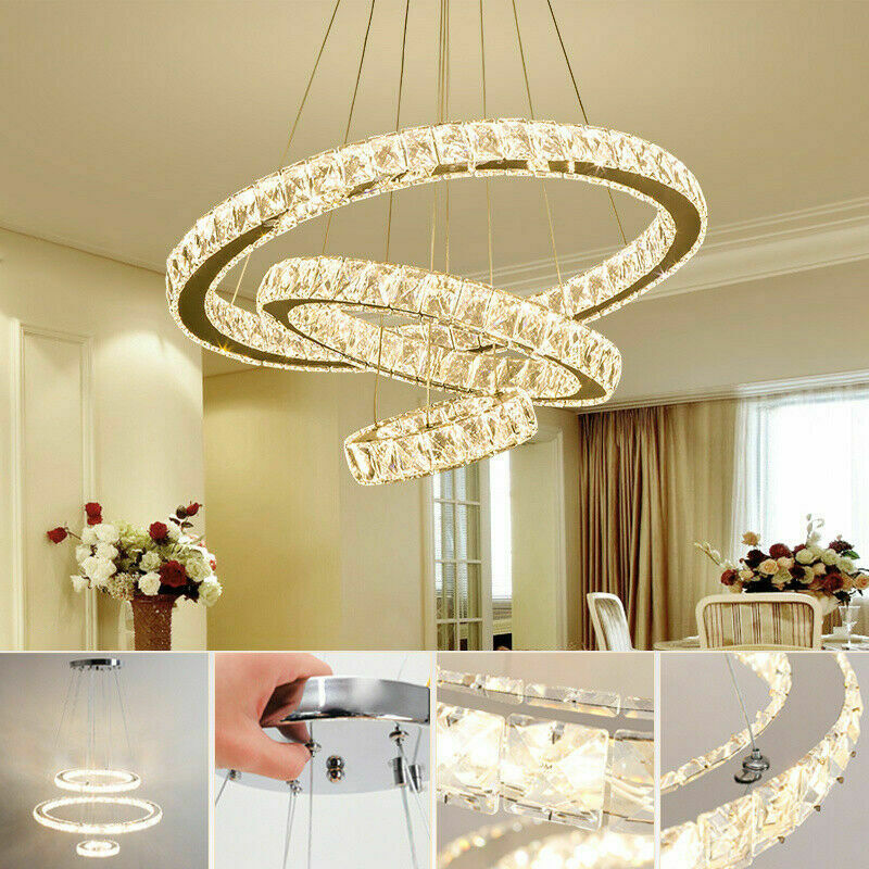 Modern Big 54W Crystal LED Ceiling Light 3 Crystal Ring Pendant Chandelier Lamp