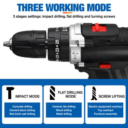 48V Cordless Drill+ 2 Battery Heavy Duty Impact Driver Brushless Hammer Kit
