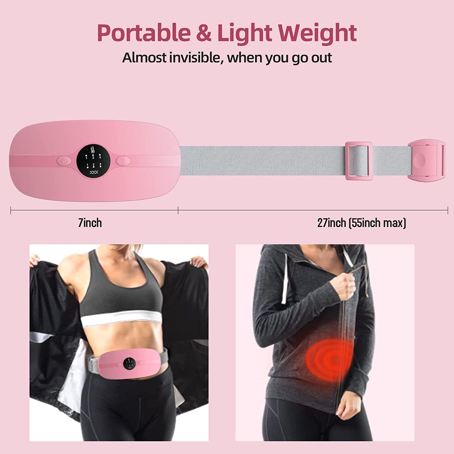 Portable Cordless Heating Pad, Menstrual Heating Pad with 3 Heat Levels and 3 Vibration Massage Modes, Fast Heating Belly Wrap Belt, Back or Belly Pain Relief Heating Pad for Women and Girl