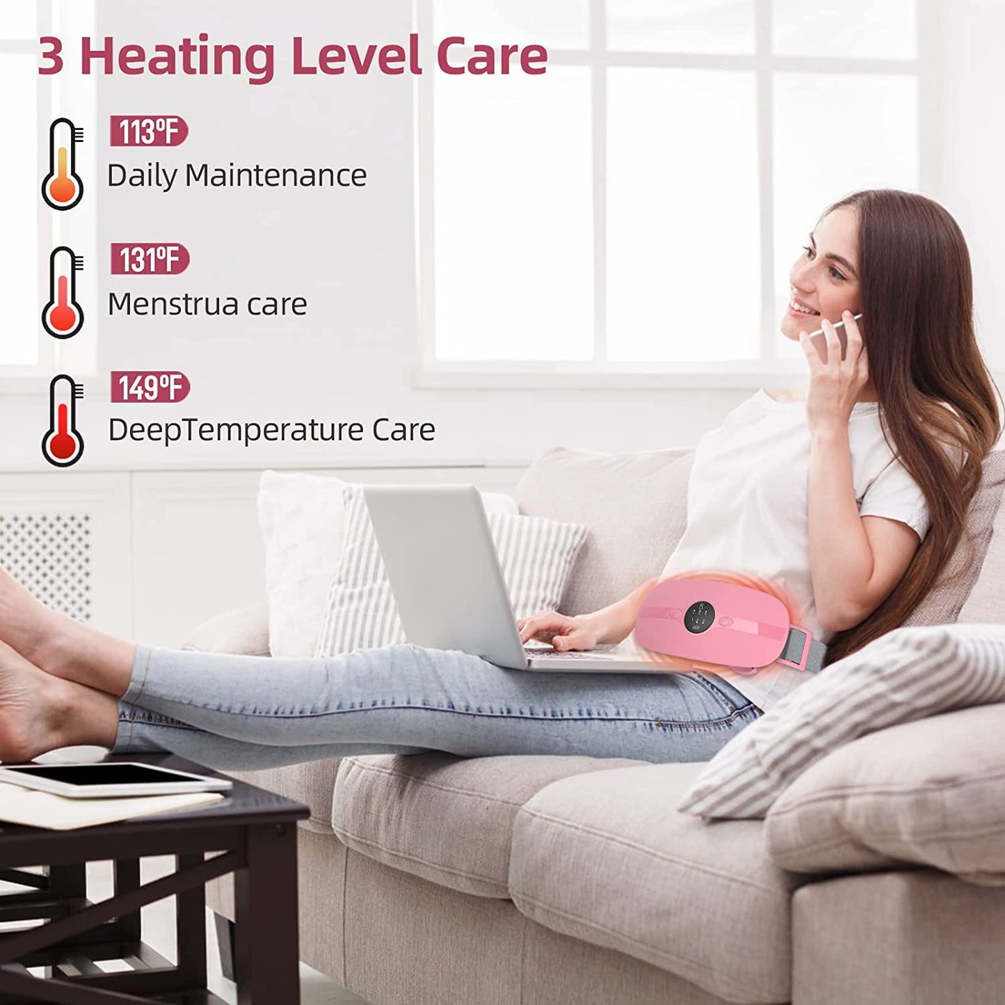 Portable Cordless Heating Pad, Menstrual Heating Pad with 3 Heat Levels and 3 Vibration Massage Modes, Fast Heating Belly Wrap Belt, Back or Belly Pain Relief Heating Pad for Women and Girl