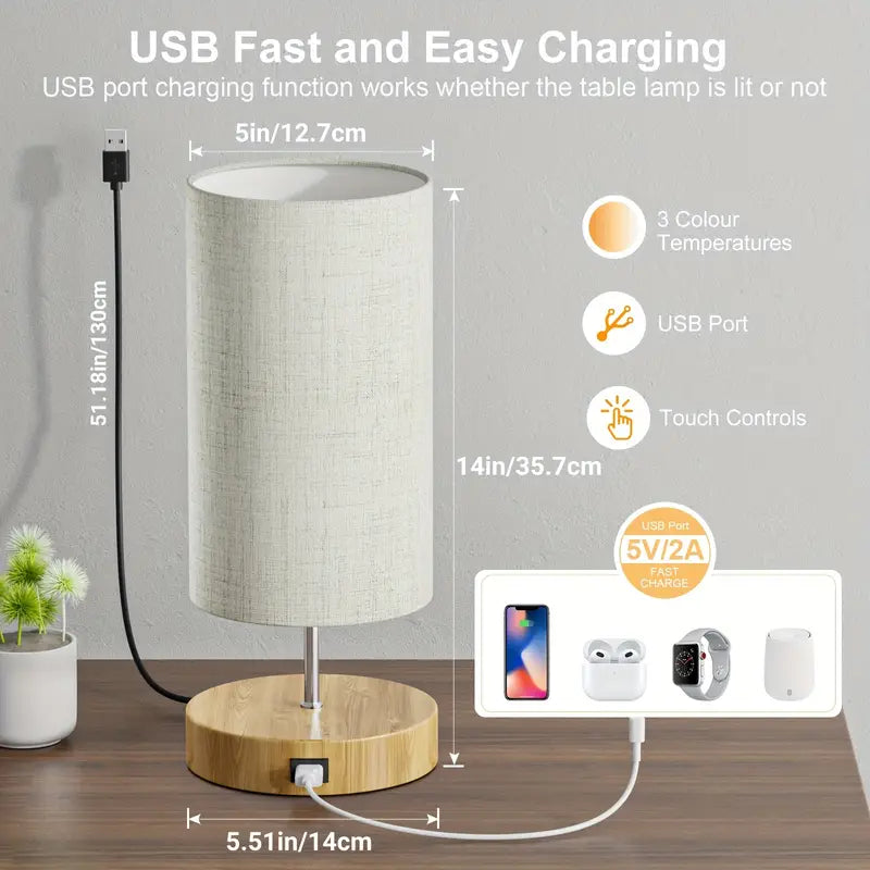 Bedside Lamp with Touch Control & USB Charging – 3-Way Dimmable, Linen Shade – Dual USB Ports – Stylish Desk Light – AU Plug