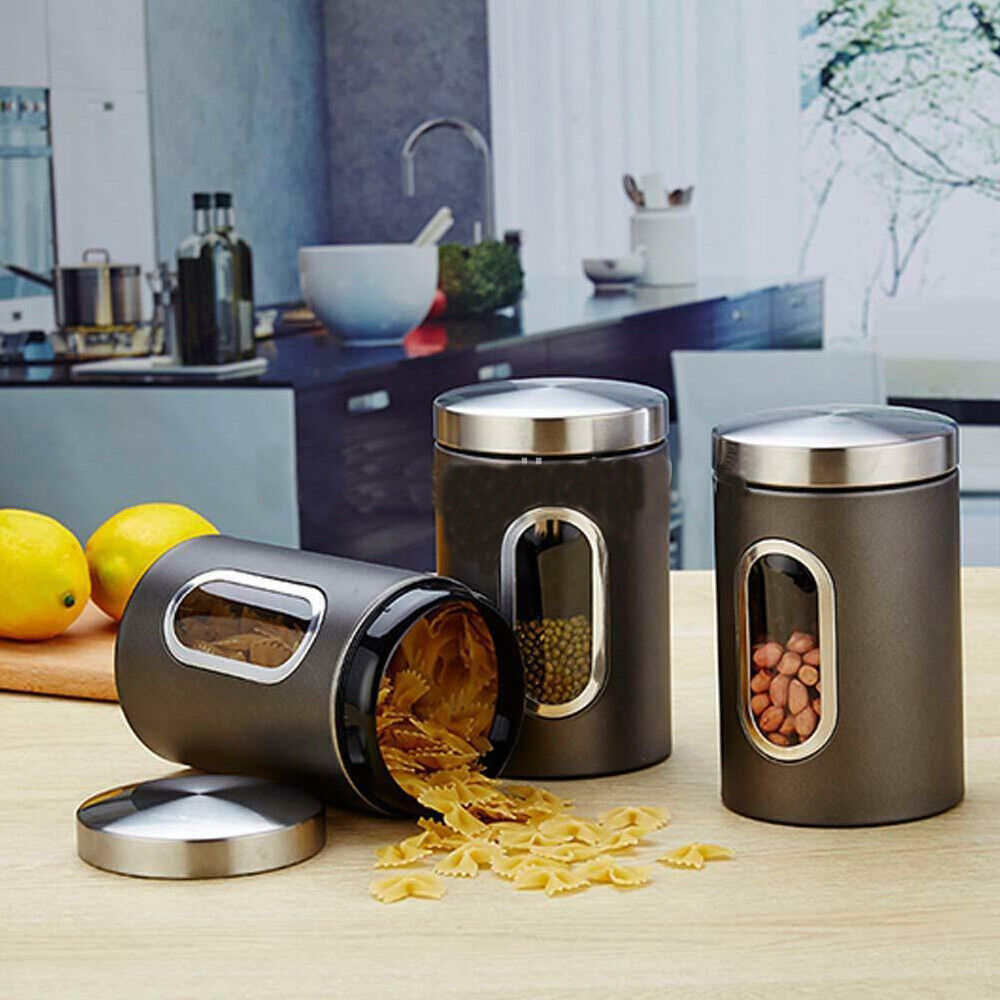 3-Piece Black Storage Canister Set with Stainless Steel Lids for Tea, Coffee, and Sugar - Durable Kitchen Organizers