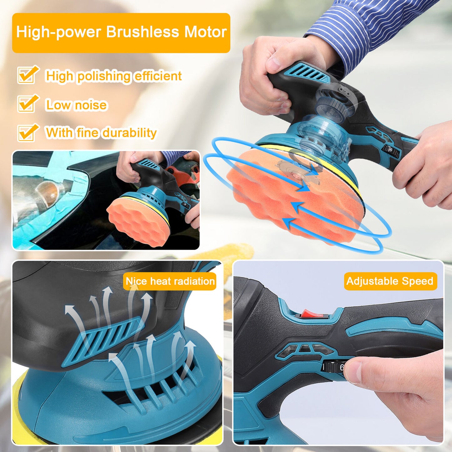 6" Cordless Car DA Polisher Random Orbita Buffer Sander Polishing Machine Tool