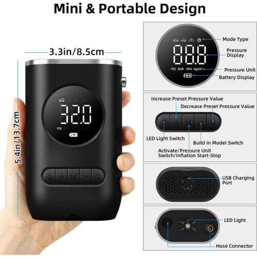 Portable Electric Air Pump with LCD Digital Display and LED Light - Cordless Multi-Function Inflator for Tires and Sports Equipment