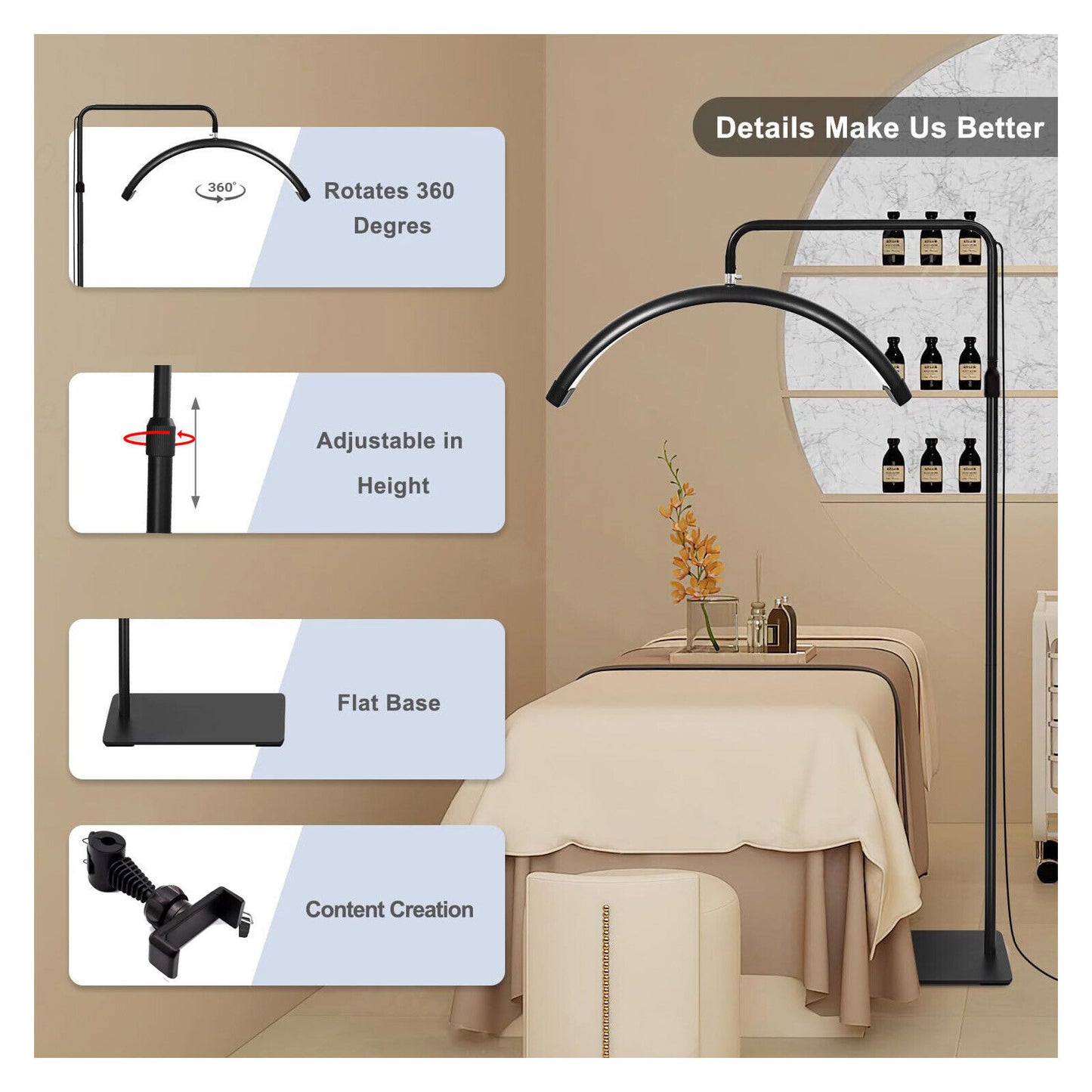 Adjustable LED Beauty Moon/Eyelash Light for Salons: Multi-Purpose, High-CRI, Rotatable Light with Adjustable Settings