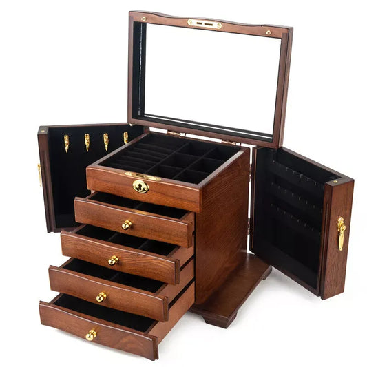 Vintage Wooden Jewellery Organiser with Mirror  - Velvet Lined Storage Case for Rings, Necklaces & Eartings