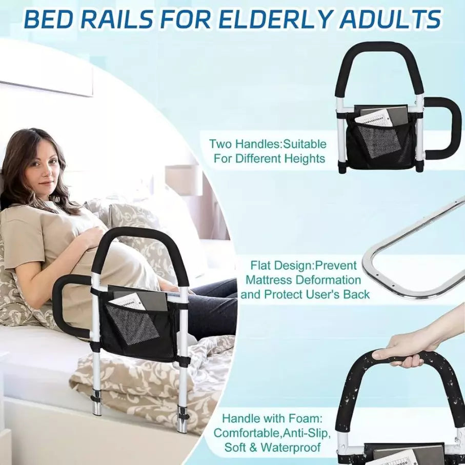 Adjustable Bed Assist Rail with Light and Storage Pocket -Designed for Elderly