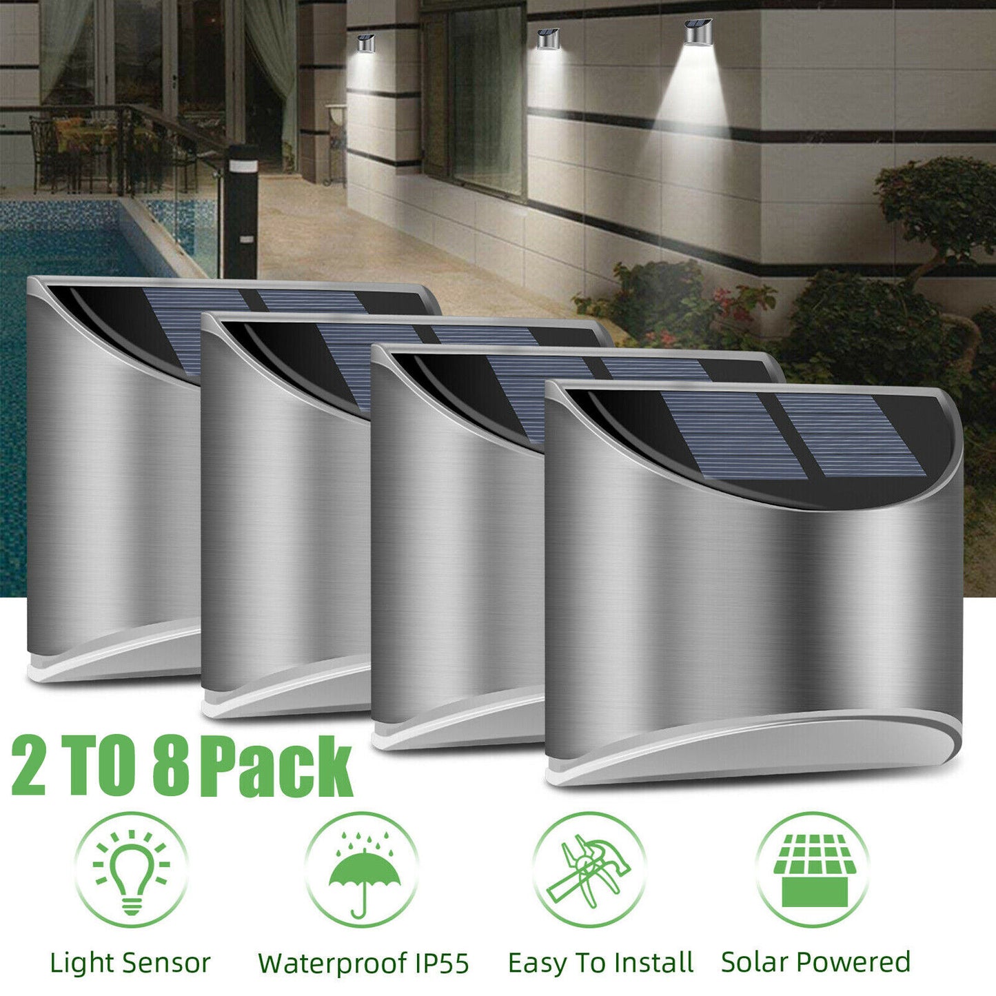 2x Solar Power LED Wall Lights - Garden, Outdoor and Waterproof
