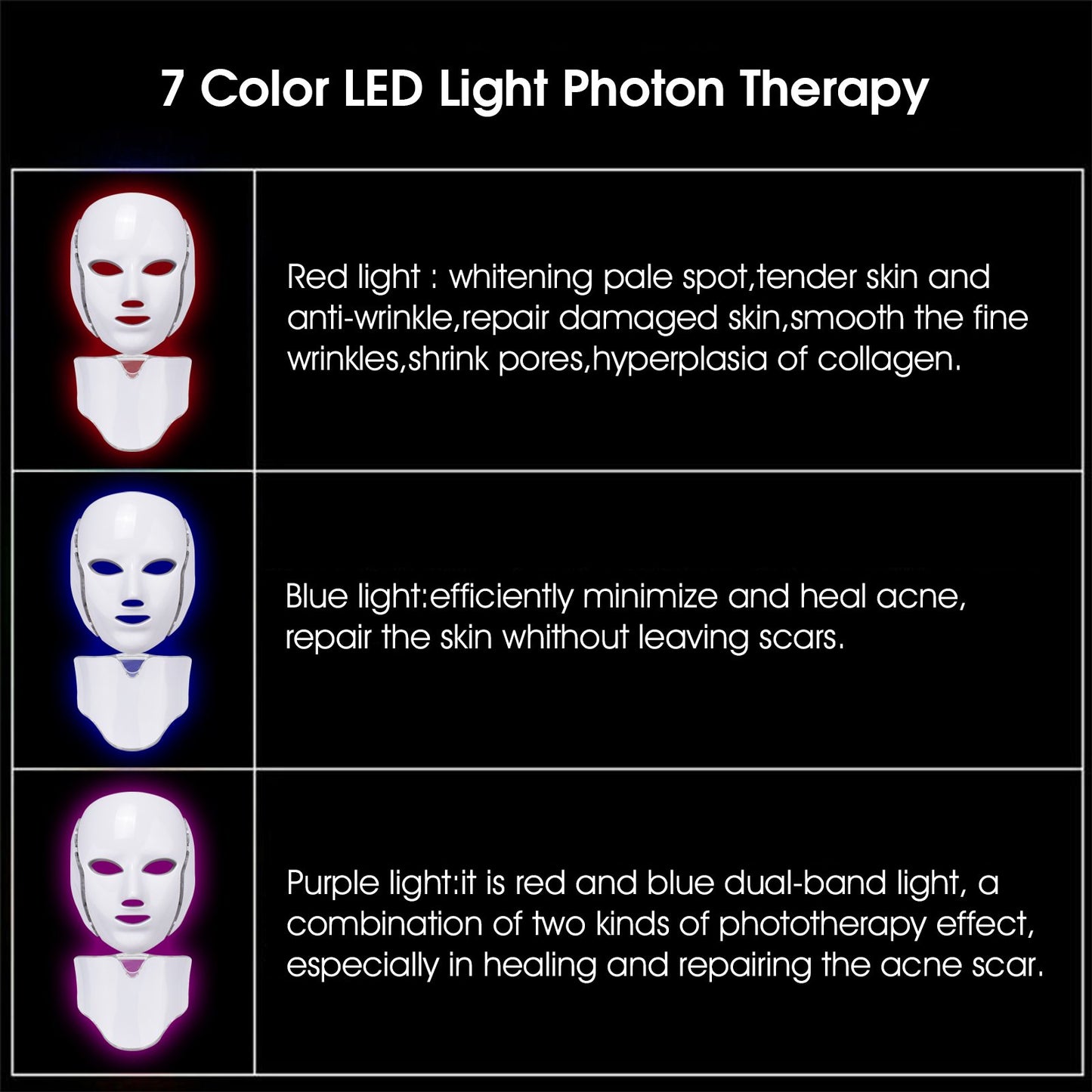 LED Light Photon Face Mask Neck Rejuvenation Skin Facial Wrinkle Therapy 7+1