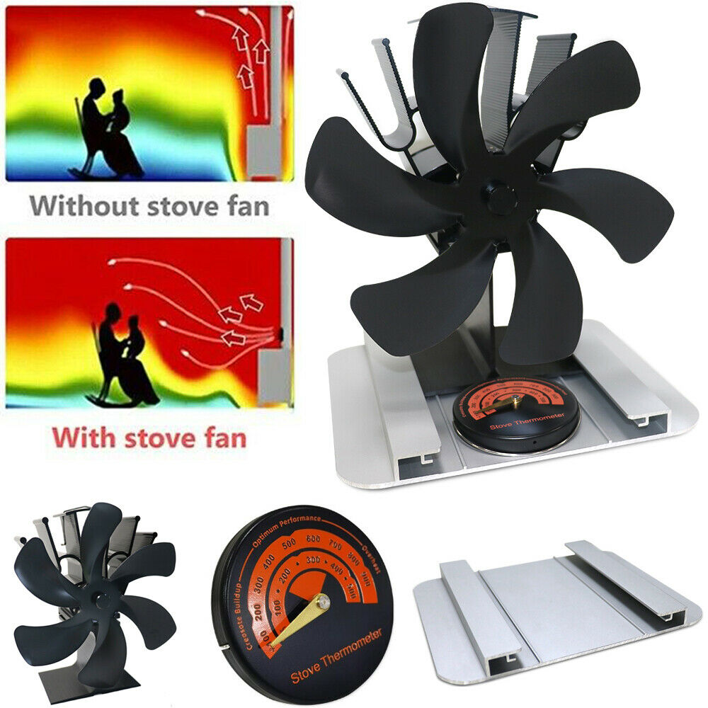 6 Blade Fireplace Stove Fan Set Eco Air Heater with Heat Shields & Thermometers