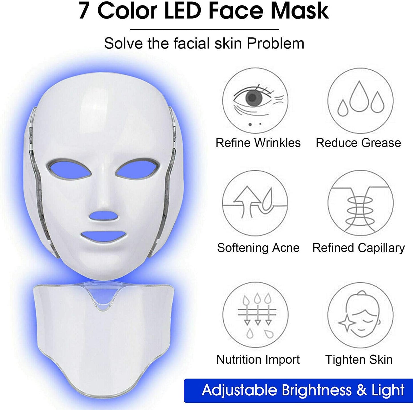 LED Light Photon Face Mask Neck Rejuvenation Skin Facial Wrinkle Therapy 7+1