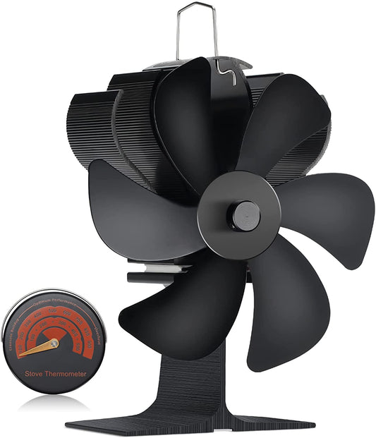 6 Blade Fireplace Stove Fan Set Eco Air Heater with Heat Shields & Thermometers