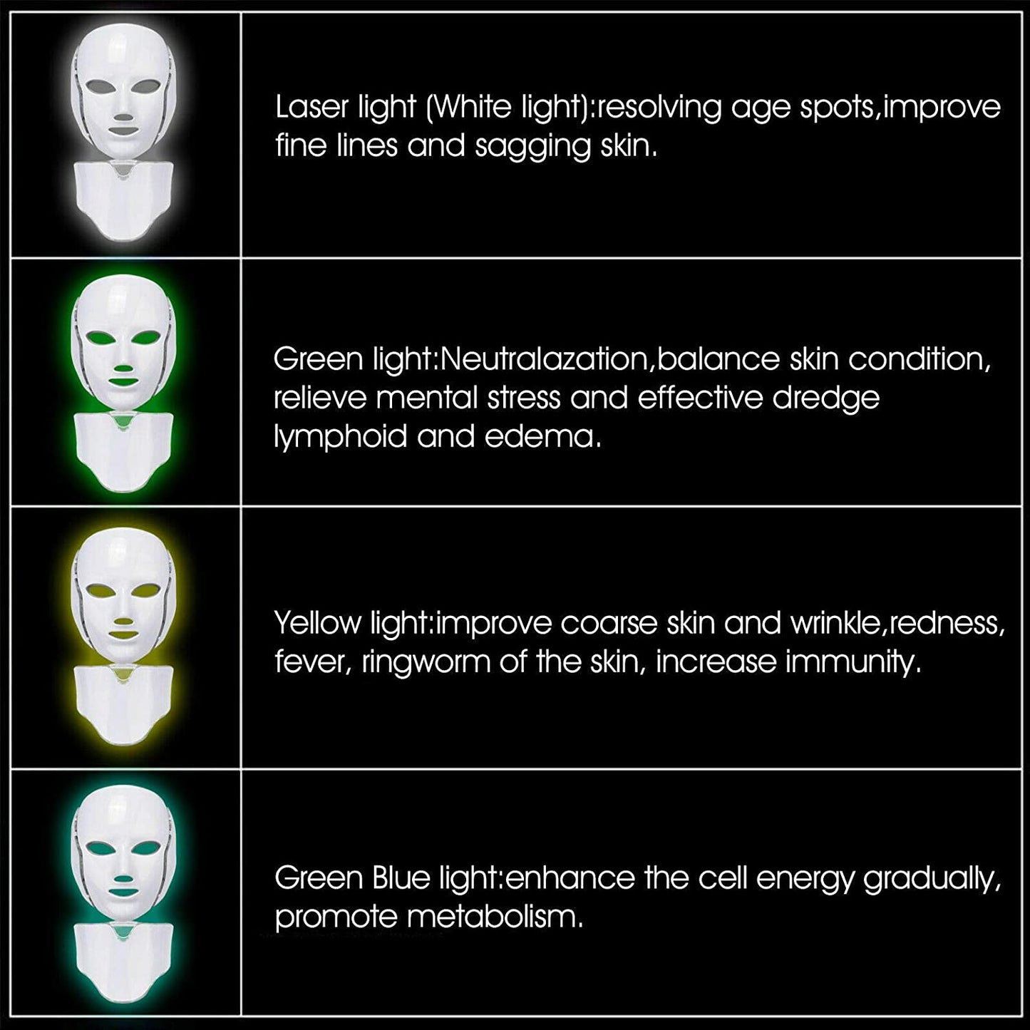 LED Light Photon Face Mask Neck Rejuvenation Skin Facial Wrinkle Therapy 7+1