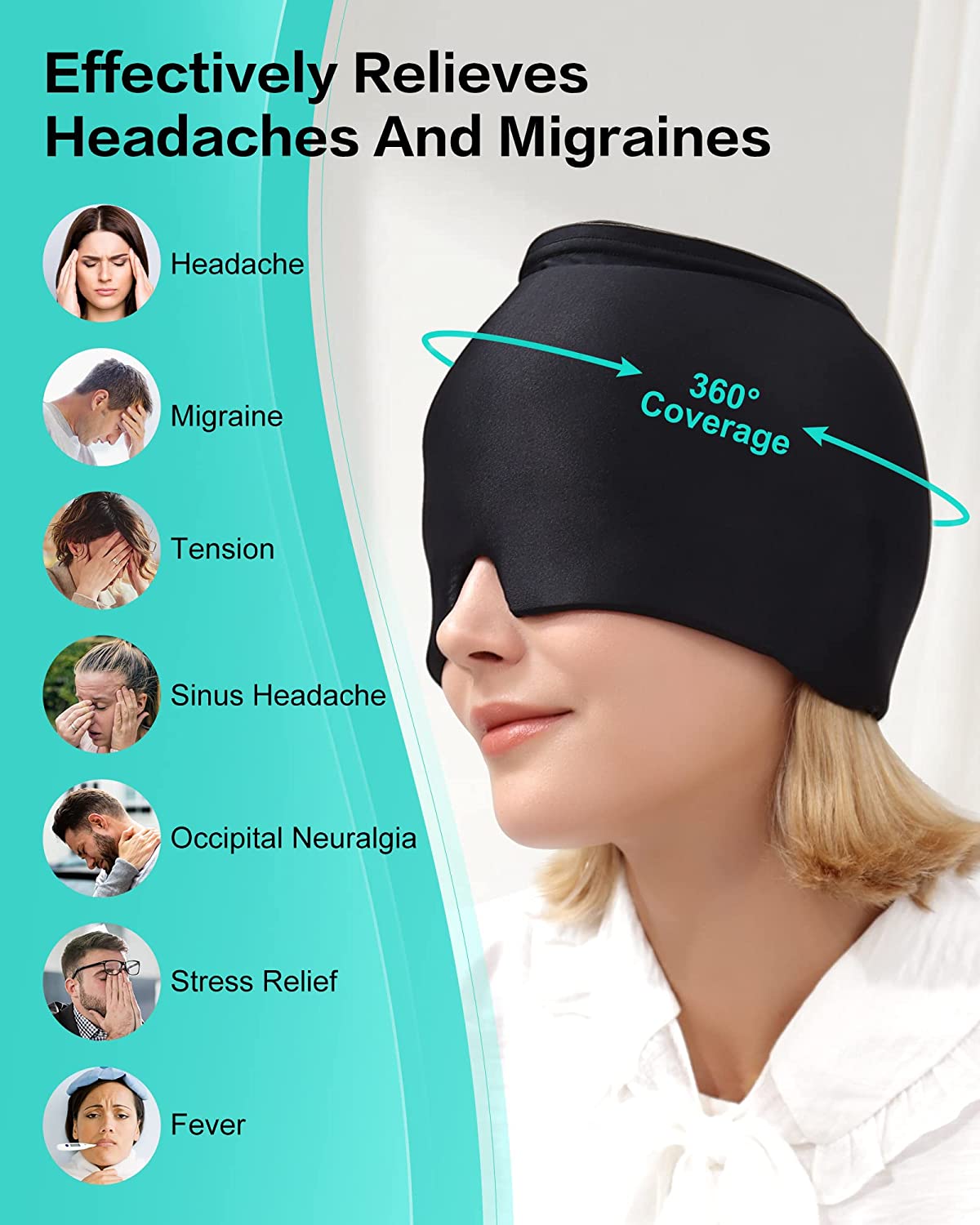 Headache Migraine Relief Hat - Hot & Cold Full Surrounding Migraine Relief Mask Ice Pack Cap, for Tension Sinus Headache, Fever, Stress Relief, Puffy Eye, Dark Circle, Sports Cold Compress