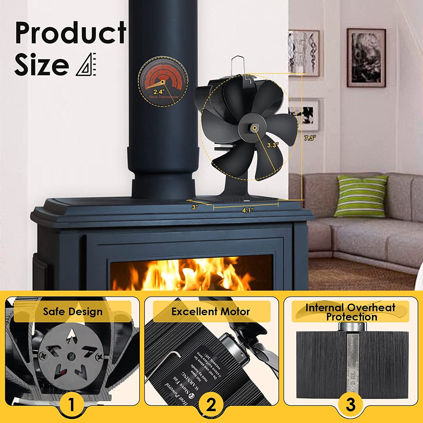 6 Blade Fireplace Stove Fan Set Eco Air Heater with Heat Shields & Thermometers