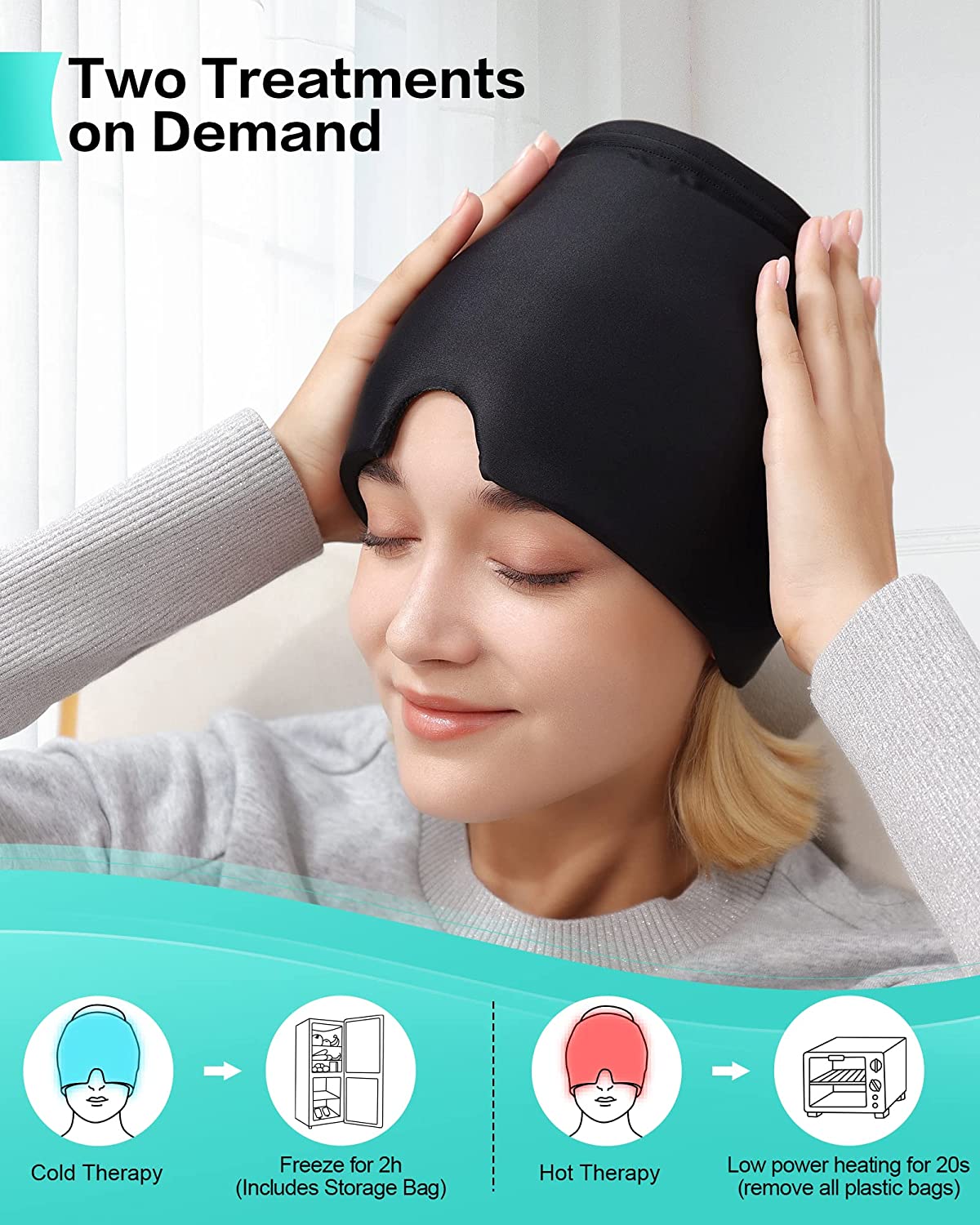 Headache Migraine Relief Hat - Hot & Cold Full Surrounding Migraine Relief Mask Ice Pack Cap, for Tension Sinus Headache, Fever, Stress Relief, Puffy Eye, Dark Circle, Sports Cold Compress