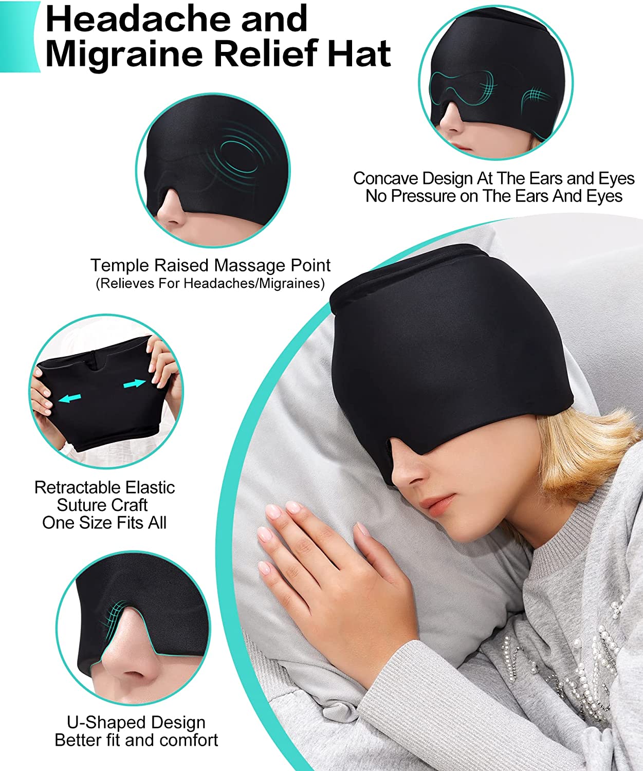 Headache Migraine Relief Hat - Hot & Cold Full Surrounding Migraine Relief Mask Ice Pack Cap, for Tension Sinus Headache, Fever, Stress Relief, Puffy Eye, Dark Circle, Sports Cold Compress